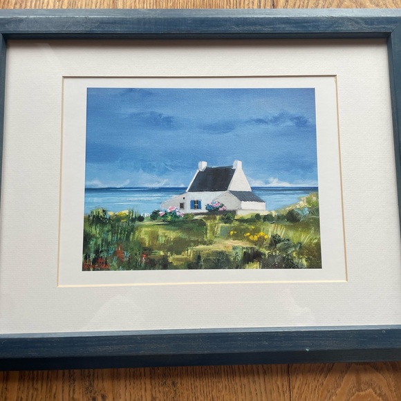 Source Unknown Other - Unique Cottage by the Sea Scene Print Blue Frame19” 14”